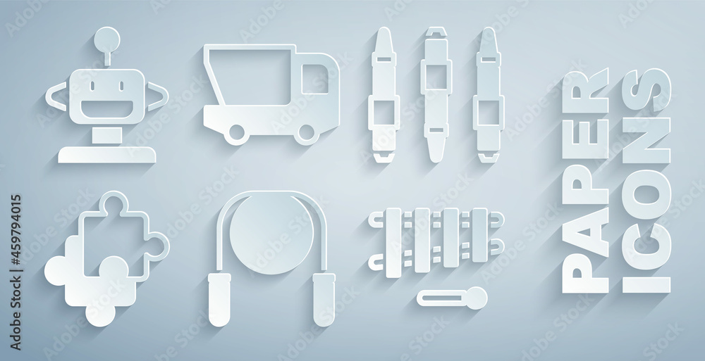 Set Jump rope, Marker pen, Puzzle pieces toy, Xylophone, Toy truck and Robot icon. Vector