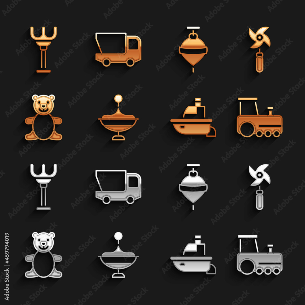 Set Whirtigig toy，Pinwheel，toy train，boat，Teddy bear毛绒玩具，Rake and truck icon。Vector