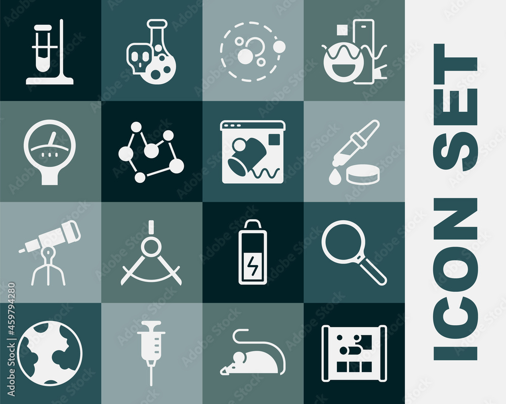 Set Graphing paper for engineering, Magnifying glass, Pipette, Atom, Chemical formula, Gauge scale, 