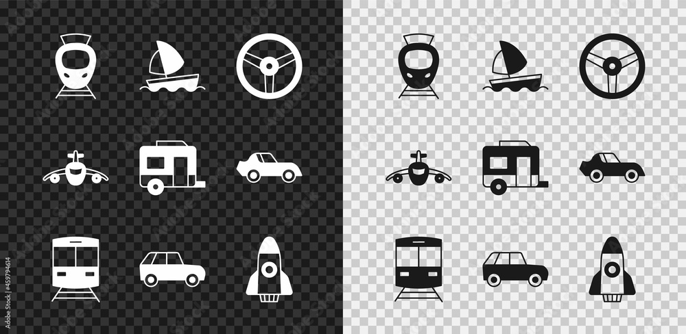 Set Tram and railway, Yacht sailboat, Steering wheel, Train, Car, Rocket ship, Plane and Rv Camping 