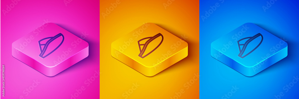 Isometric line Speedboat icon isolated on pink and orange, blue background. Square button. Vector