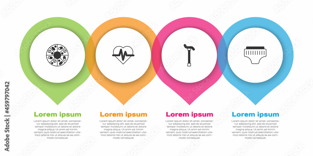 设置维生素片、心率、手杖和成人尿布。商业信息图模板。Ve