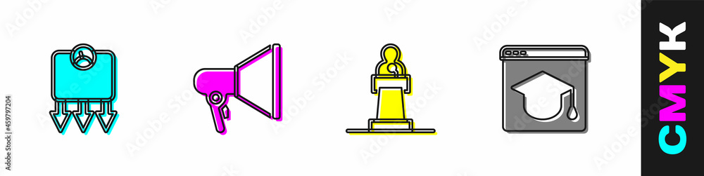 Set Weight loss, Megaphone, Speaker and Online education icon. Vector