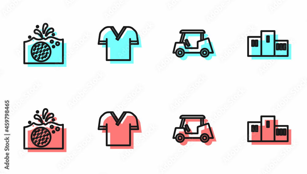 Set line Golf car, ball in water, shirt and Award over sports winner podium icon. Vector