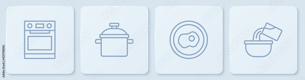 设定线烤箱，炒鸡蛋，烹饪锅和洋葱。白色方形按钮。矢量