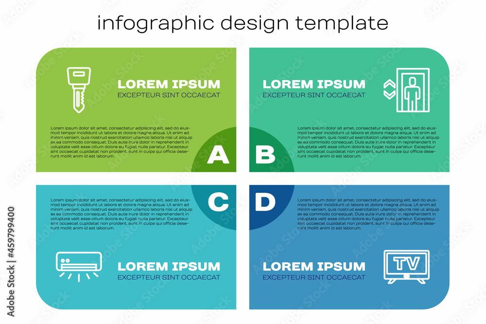Set line Air conditioner, Hotel door lock key, Smart Tv and Lift. Business infographic template. Vec