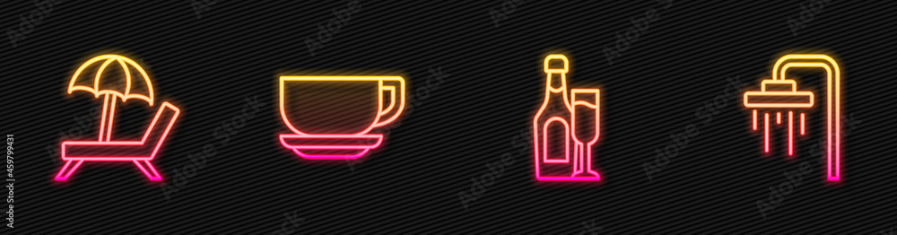 Set line Champagne bottle with glass, Sunbed umbrella, Coffee cup and Shower. Glowing neon icon. Vec