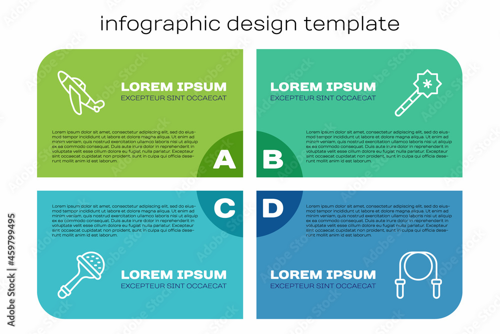 设置线Rattle婴儿玩具，玩具飞机，跳绳和魔杖。商业信息图模板。矢量