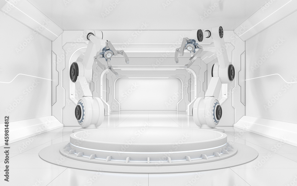 空舞台和机械臂，三维渲染。