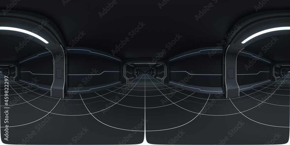 Seamless 360° Equirectangular panorama Futuristic tunnel and empty room, 3d rendering.