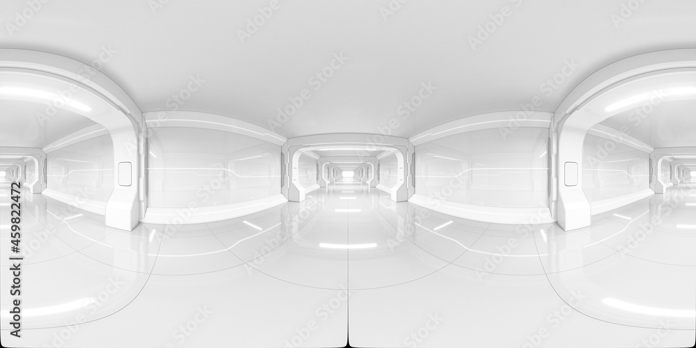 White empty tunnel, futuristic room, 3d rendering. Seamless 360° Equirectangular Panorama.