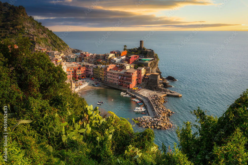 Beautiful Vernazza town on the coastline of Cinque Terre by the Ligurian Sea, Italy