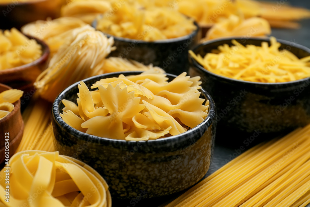 Uncooked farfalle pasta in bowl