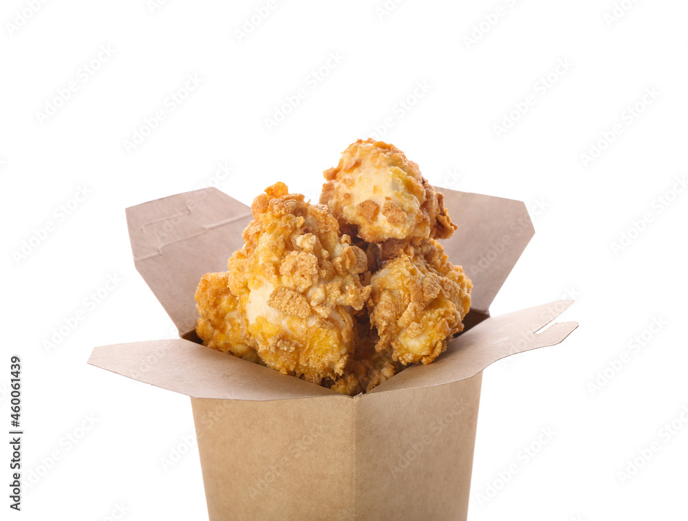 Paper box with tasty popcorn chicken on white background