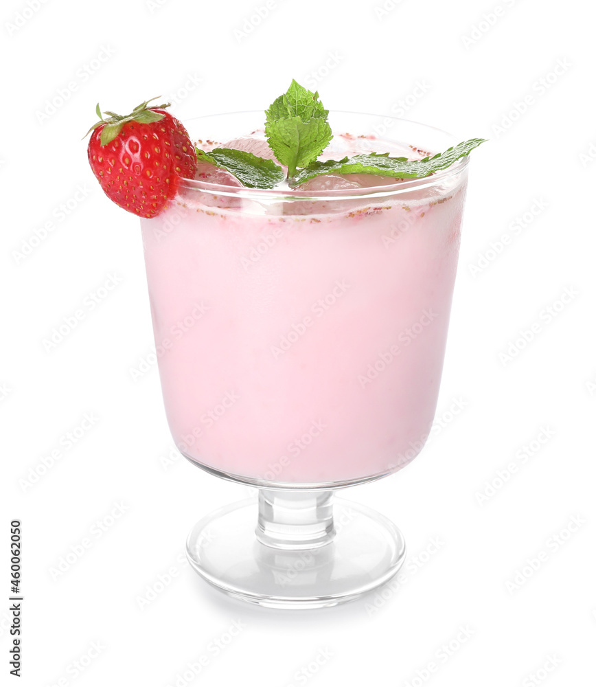 Glass of strawberry Pina Colada cocktail on white background