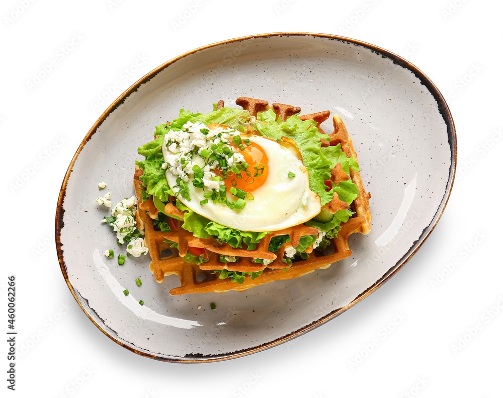 Delicious Belgian waffles with egg on white background