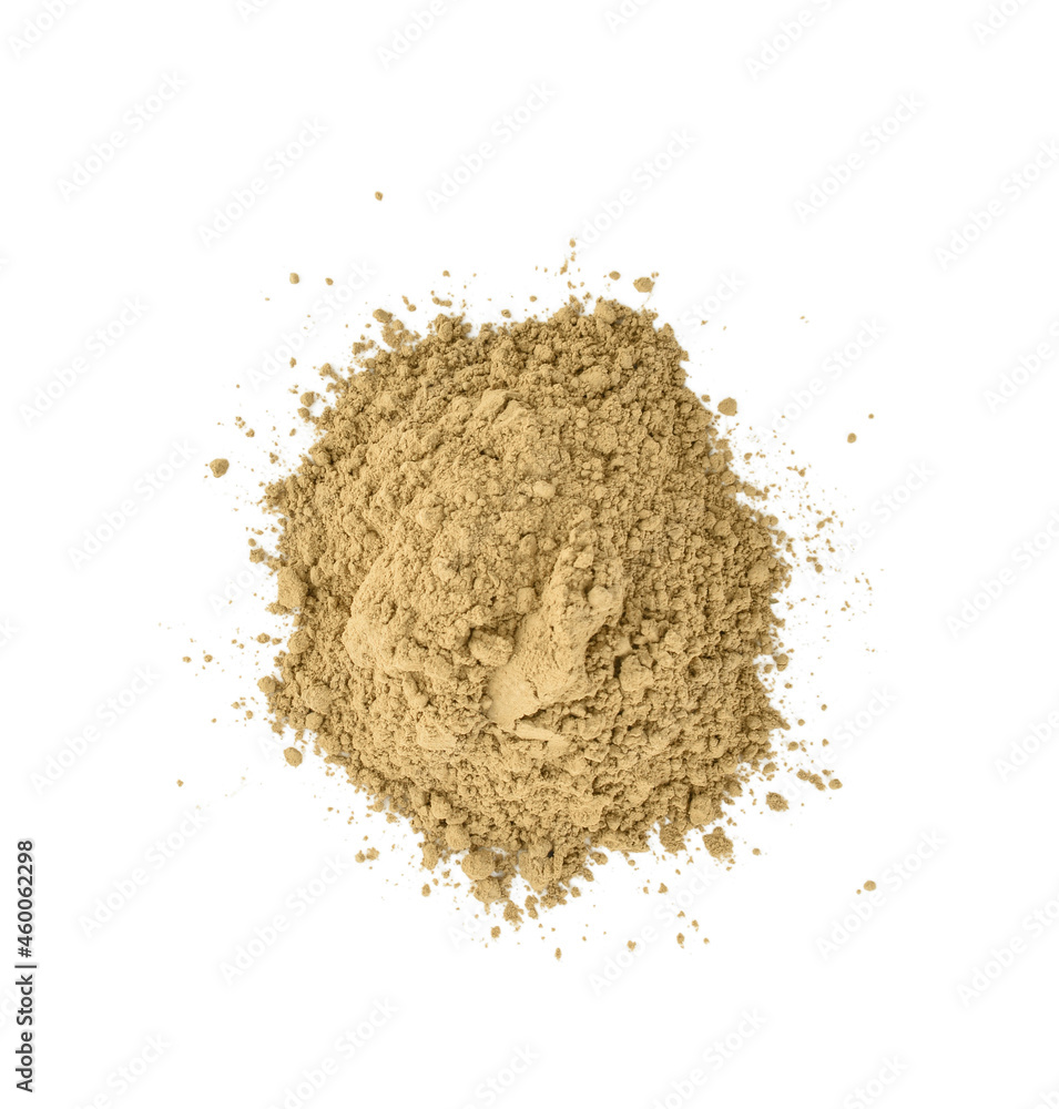 Pile of hojicha powder on white background