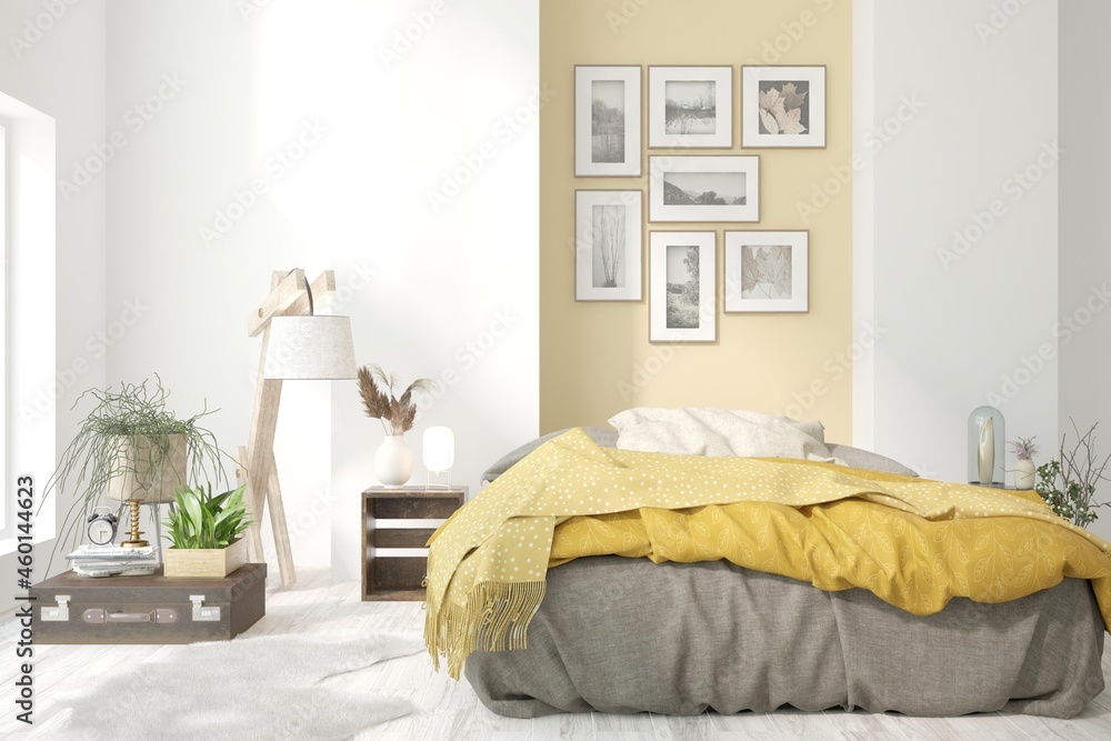 Yellow color bedroom interior. Scandinavian design. 3D illustration