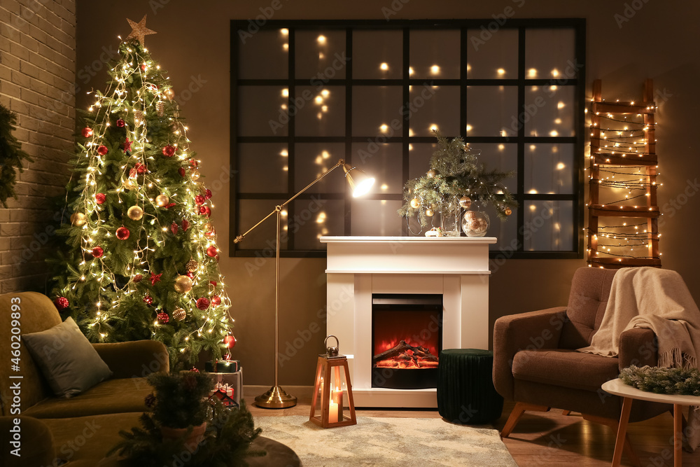 Interior of stylish living room decorated for Christmas