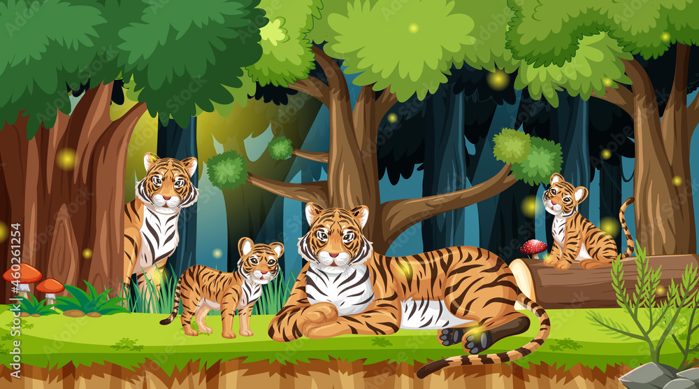 Tiger family in forest landscape background