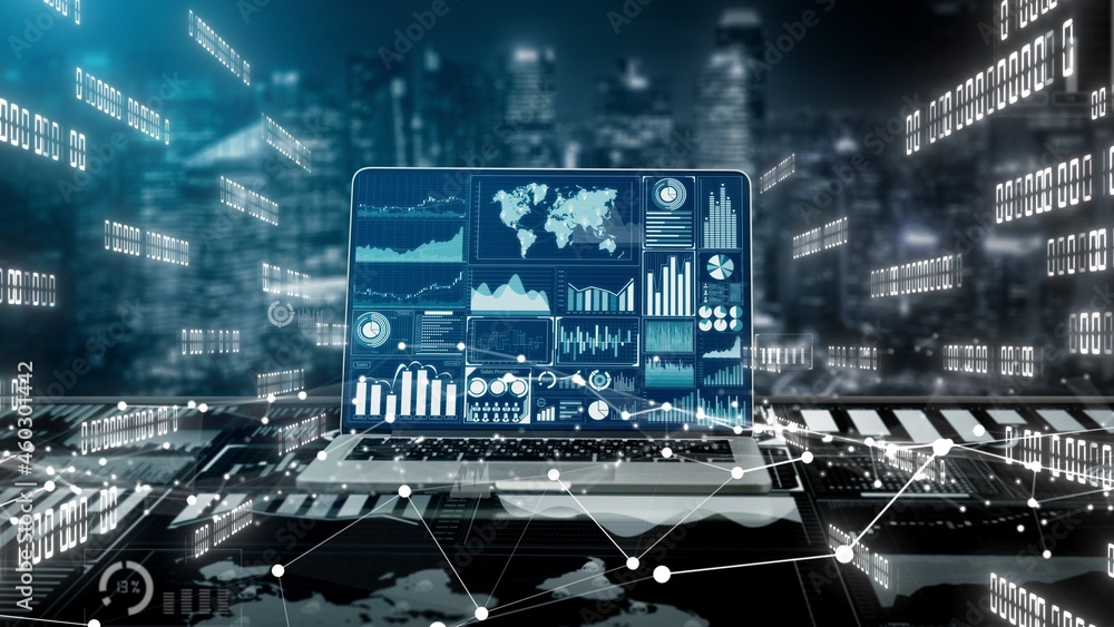 Big Data Technology for Business Finance Analytic conceptual . Modern graphic interface shows massiv