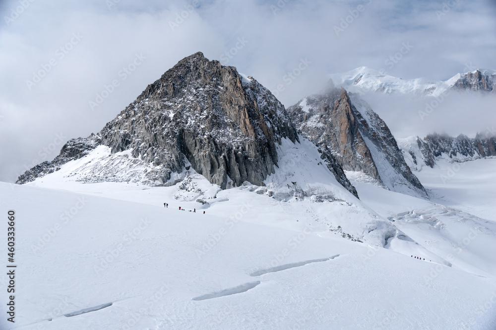 The Glacier du Geant on the Mont Blanc massif, with a group of mountaineers