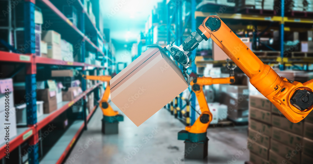 Smart robot arm system for innovative warehouse and factory digital technology . Automation manufact