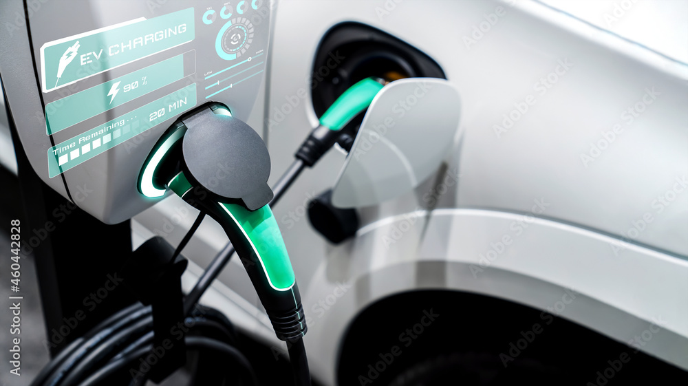 EV charging station for electric car in concept of alternative green energy produced from sustainabl