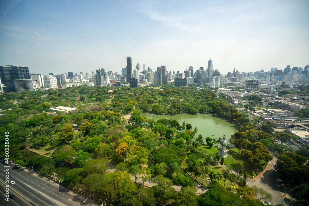 大都市中心的公共公园和高层建筑城市景观。绿色环境城市和