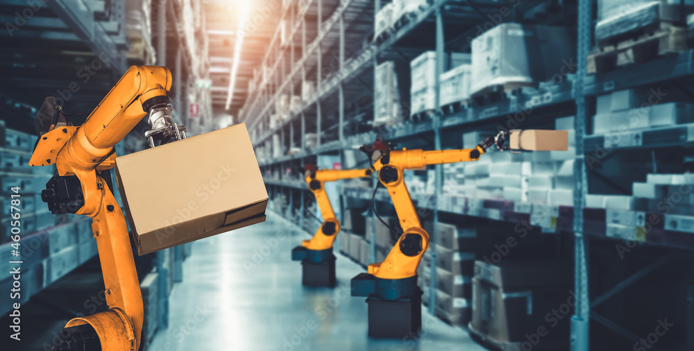 Smart robot arm system for innovative warehouse and factory digital technology . Automation manufact