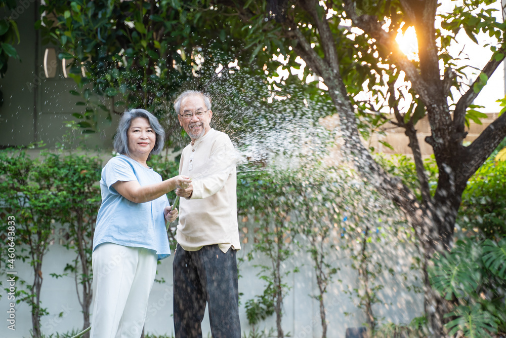 亚洲一对老年夫妇在家一起户外园艺。