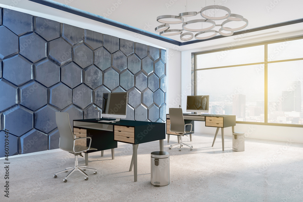 Minimalistic small office interior with furniture, decorative hexagonal wall and window with city vi