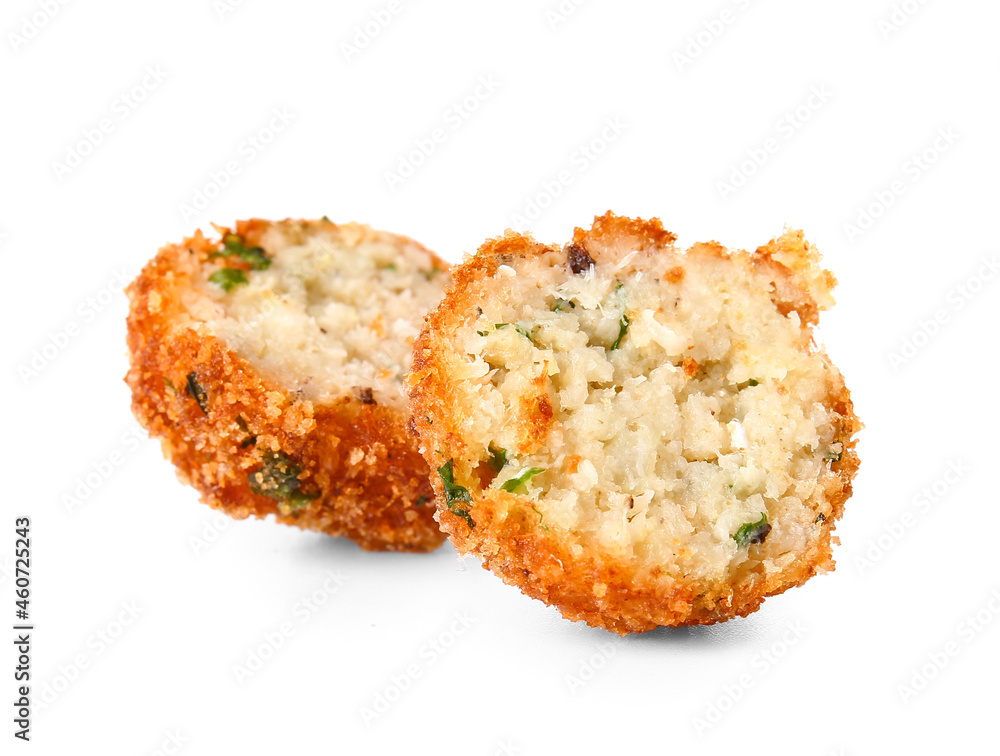 Tasty cut cod cutlet on white background