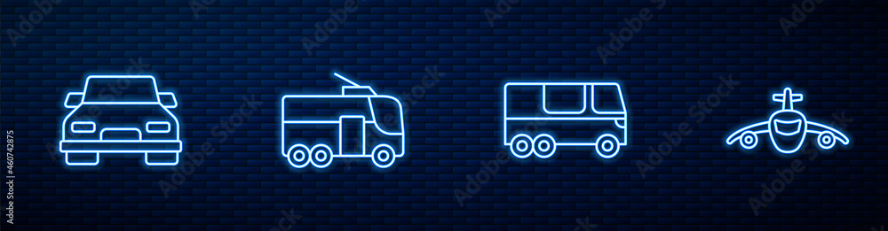 设置线路公交车、汽车、电车和飞机。砖墙上闪闪发光的霓虹灯图标。矢量