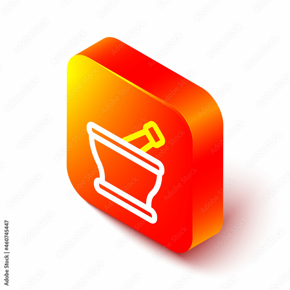 Isometric line Mortar and pestle icon isolated on white background. Orange square button. Vector