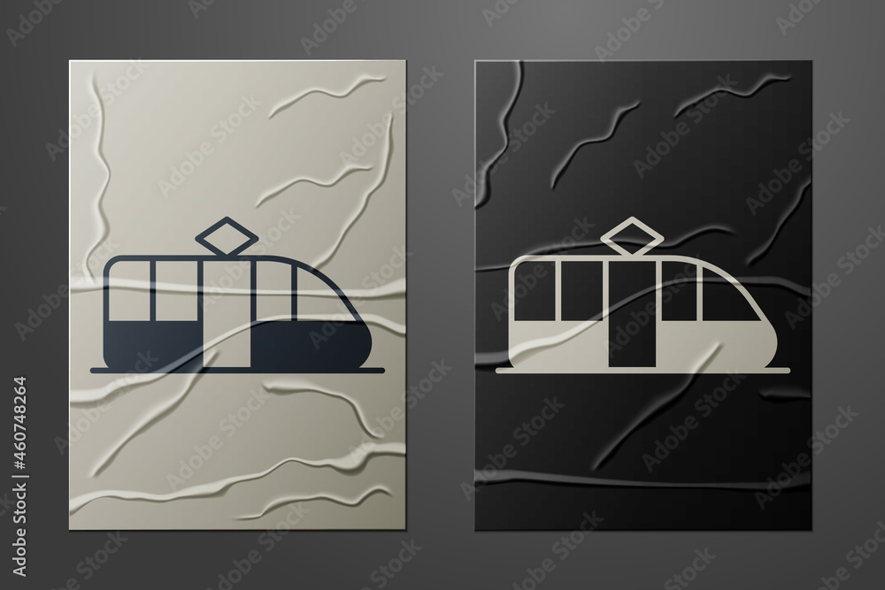 白色有轨电车和铁路图标孤立在皱巴巴的纸背景上。公共交通符号。爸爸