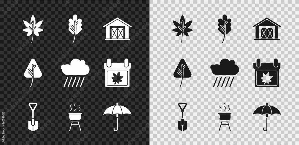 Set Leaf or leaves, Farm house, Shovel, Barbecue grill, Umbrella, and Cloud with rain icon. Vector