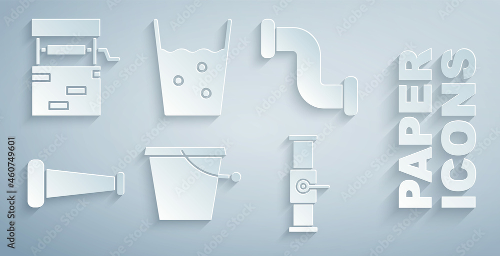 Set Bucket, Industry metallic pipe, and valve, Glass with water and Well icon. Vector