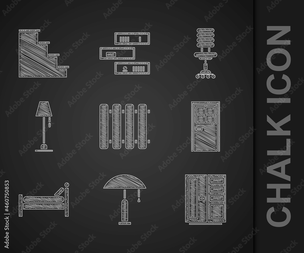 设置暖气散热器、台灯、衣柜、闭门、床、地板、办公椅和楼梯图标