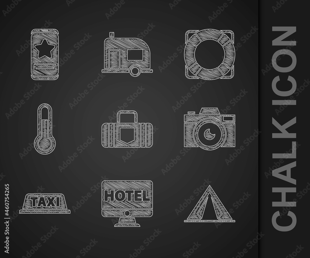 Set Suitcase, Online hotel booking, Tourist tent, Photo camera, Taxi car roof, Meteorology thermomet