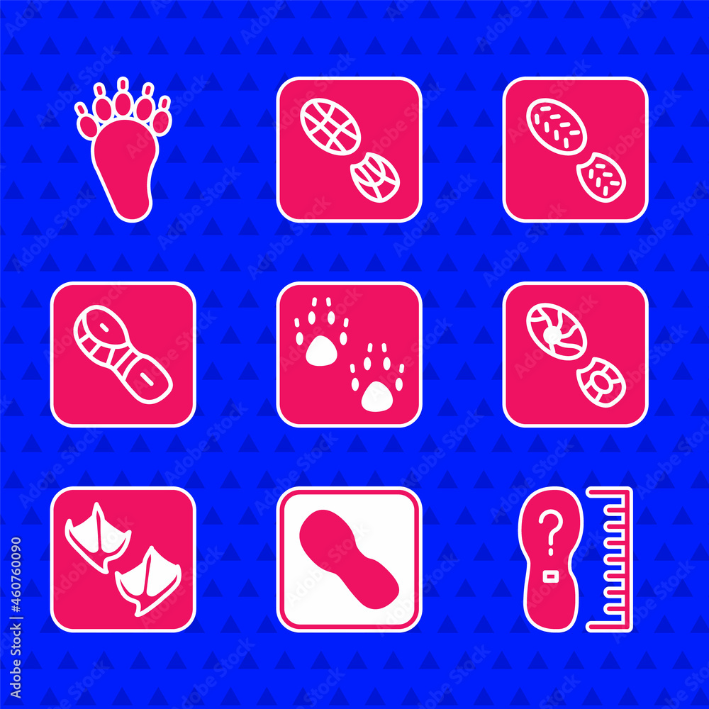 Set Paw print，Human footprints shoes，Square measure size，Seagull Paw，and Bear icon.Vvector（设定爪印，人类脚印