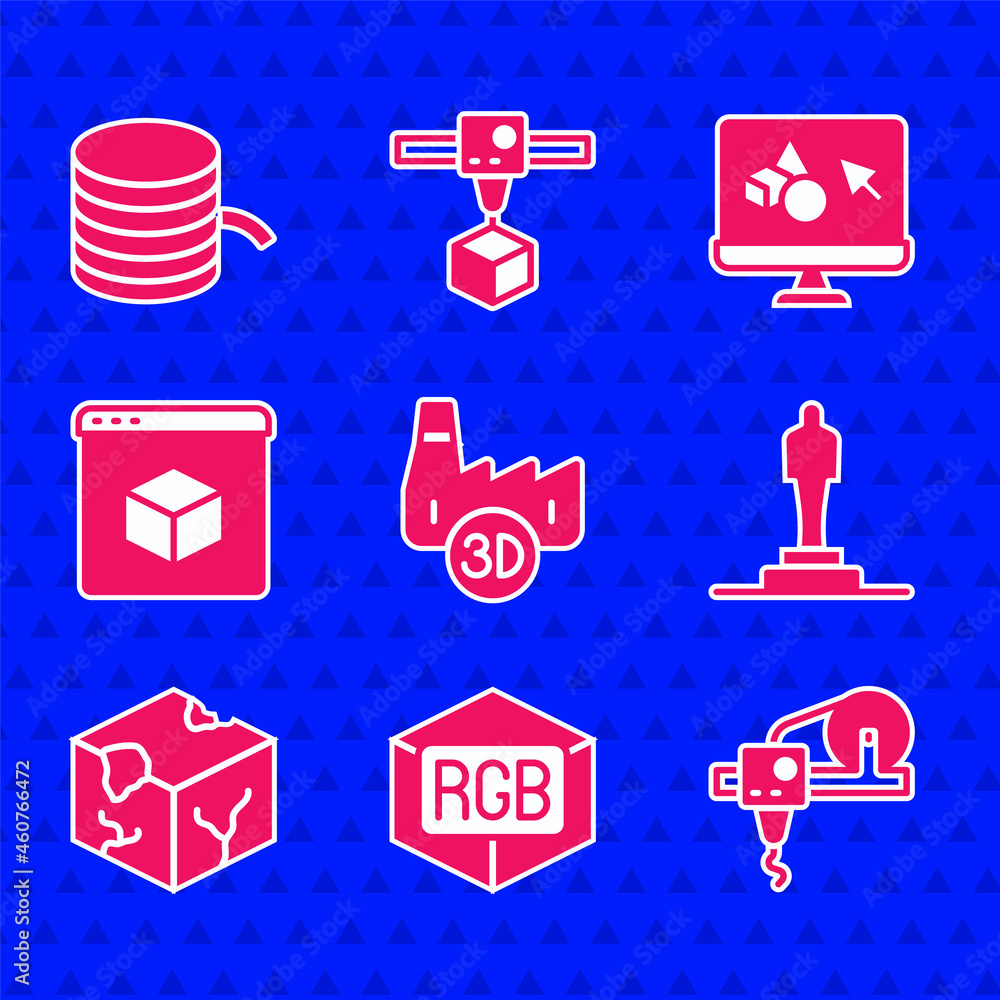 Set Printing house industry, RGB and CMYK color mixing, 3D printer, model, Isometric cube, software 