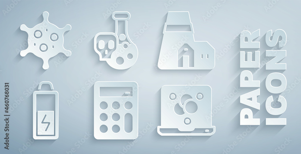 Set Calculator, Power station plant, Battery, Chemical formula, Test tube with toxic liquid and Viru