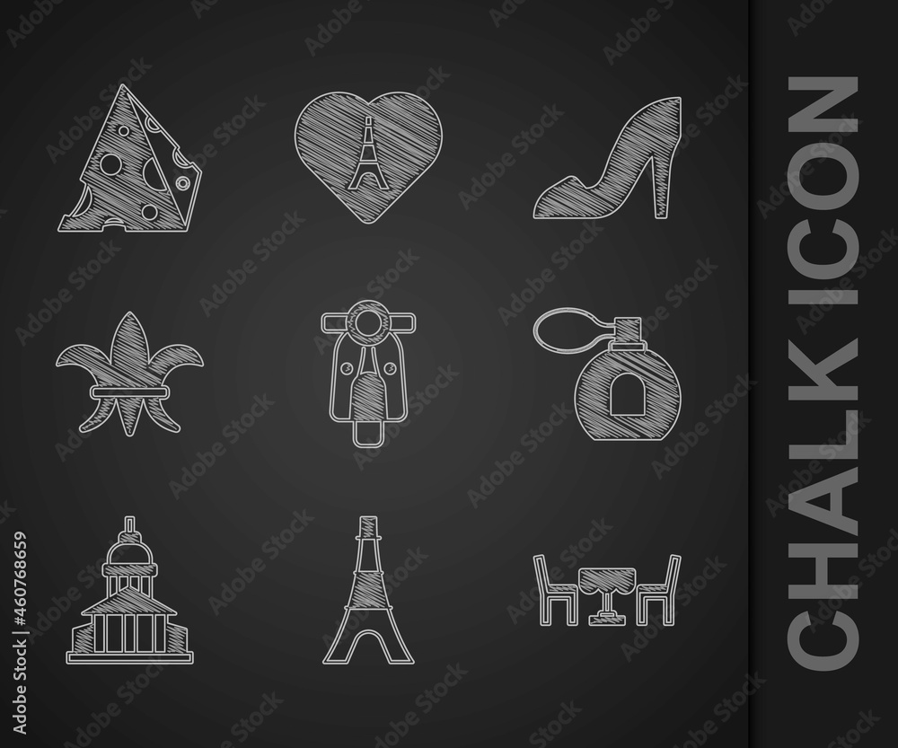 Set Scooter, Eiffel tower, French cafe, Perfume, Museum building, Fleur De Lys, Woman shoe and Chees