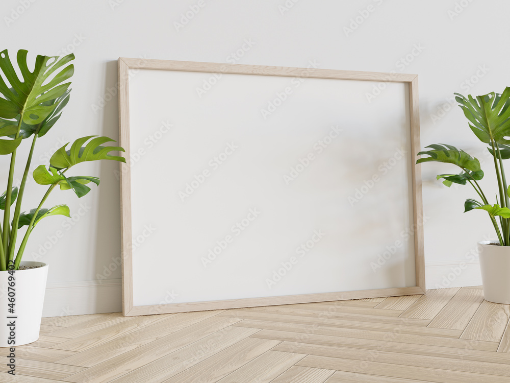 Wooden frame leaning on floor in interior mockup. Template of a picture framed on a wall 3D renderin