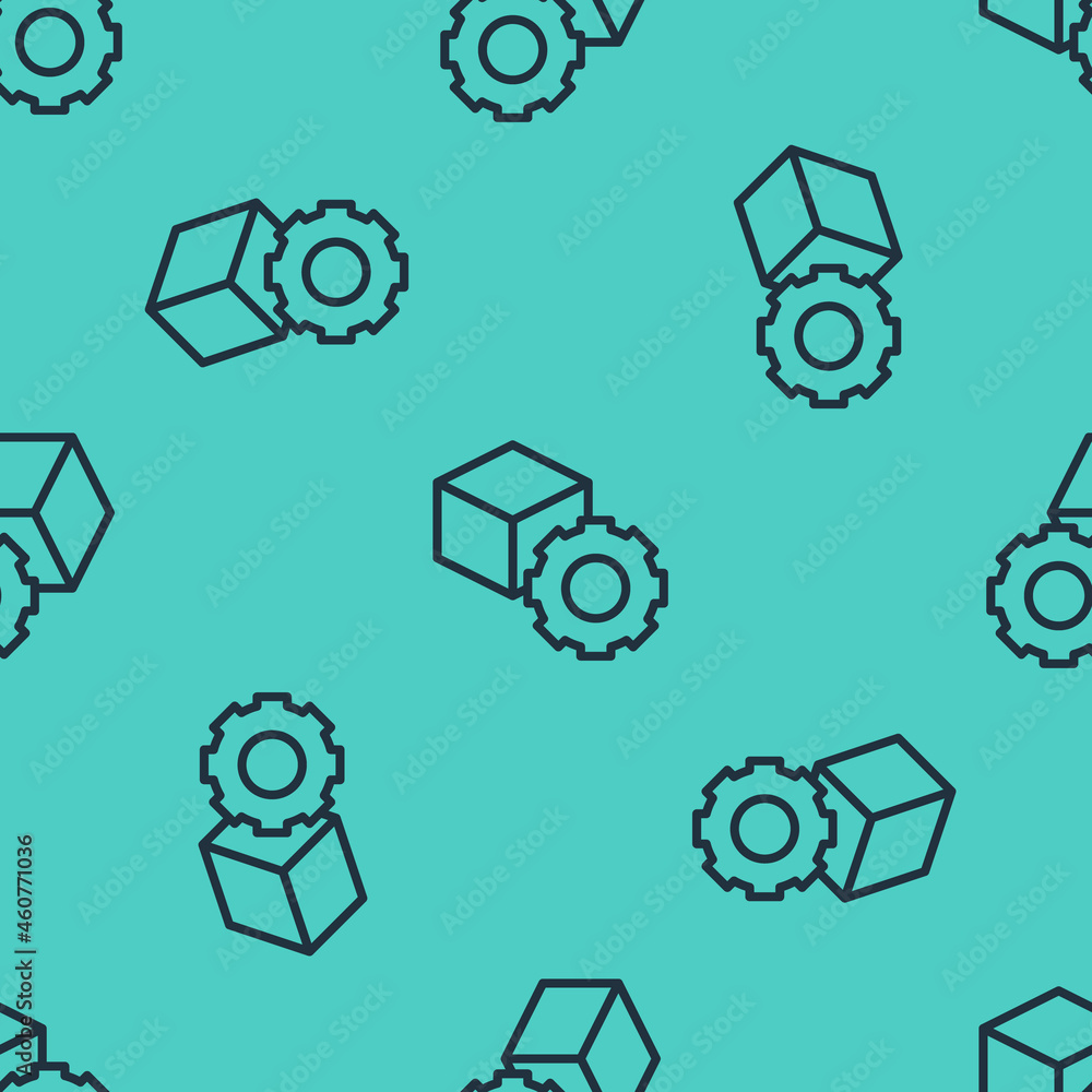 Black line Isometric cube icon isolated seamless pattern on green background. Geometric cubes solid 