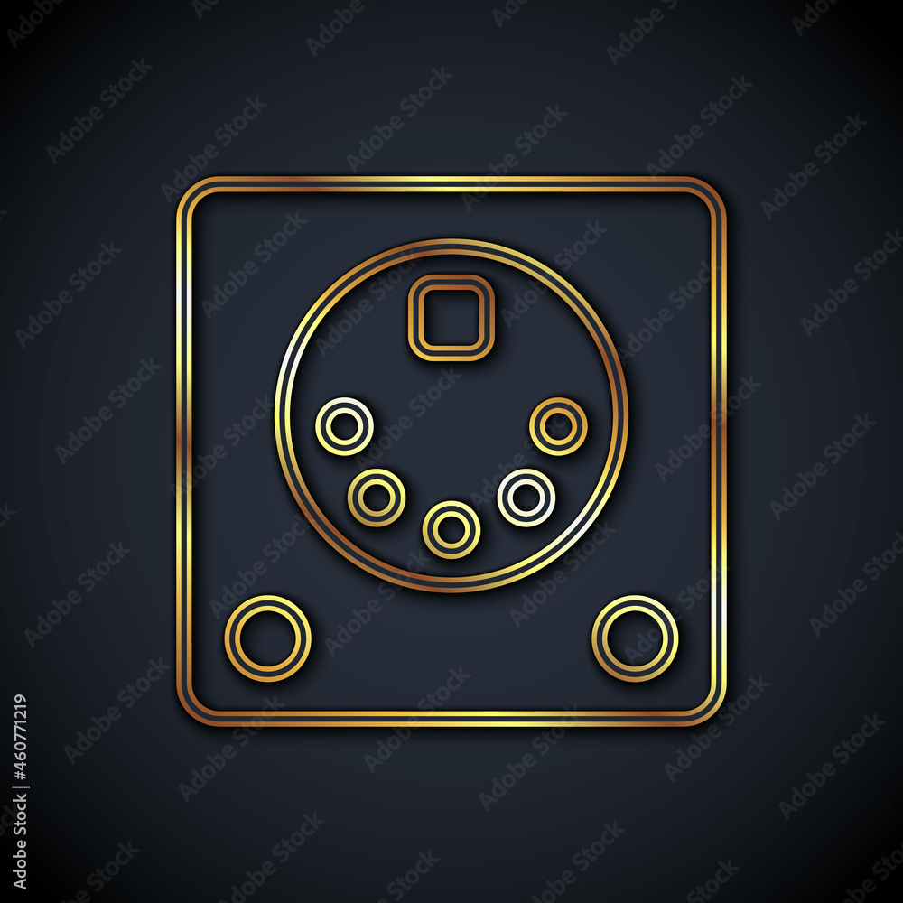 Gold line Drum machine icon isolated on black background. Musical equipment. Vector