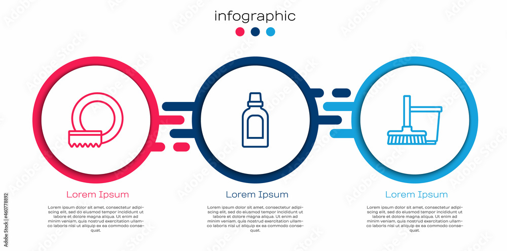 洗餐具、清洗剂瓶、拖把和水桶。商业信息图模板