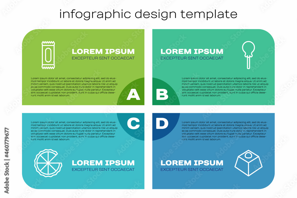 自制馅饼、糖果、布朗尼巧克力蛋糕和棒棒糖。商业信息图模板。Ve