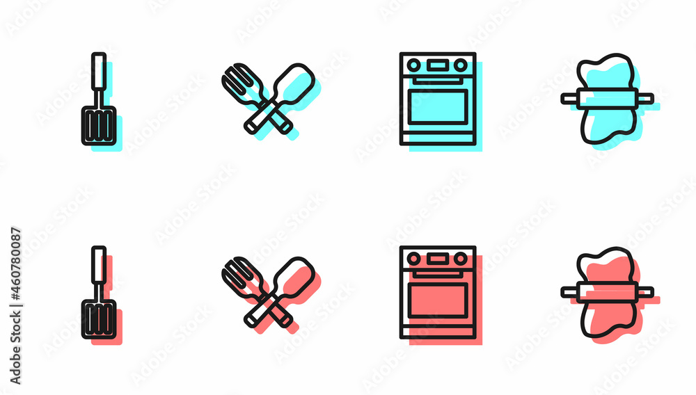 Set line Oven, Barbecue spatula, Crossed fork and spoon and Rolling pin dough icon. Vector